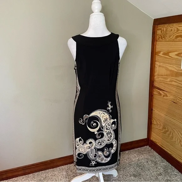 Studio I Black & Beige Sleeveless Paisley Print Studded Dress 8 - Picture 3 of 9